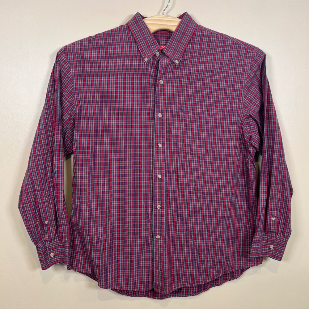 IZOD Button Down Shirt Mens XL Red Plaid Regular Fit Cotton Long Sleeve Pocket